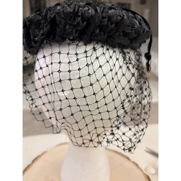 1940s Black Veiled Tilt Hat Velvet Bow Old Hollywood Cocktail Netted main image 6